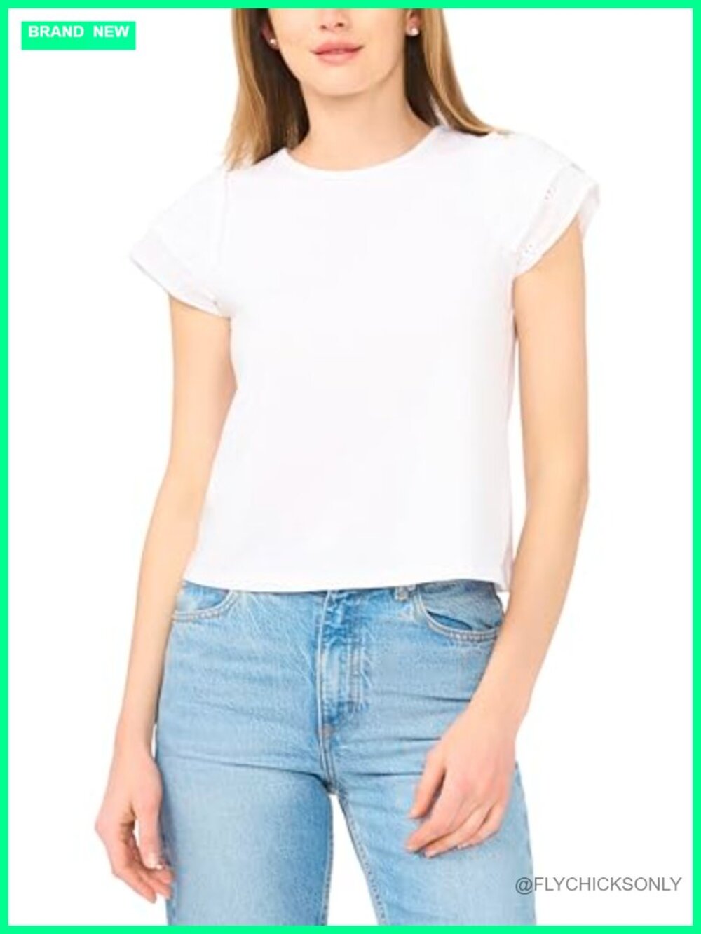 CeCe Cotton Knit Top Double Ruffle Sleeve Crew Neck T-Shirt